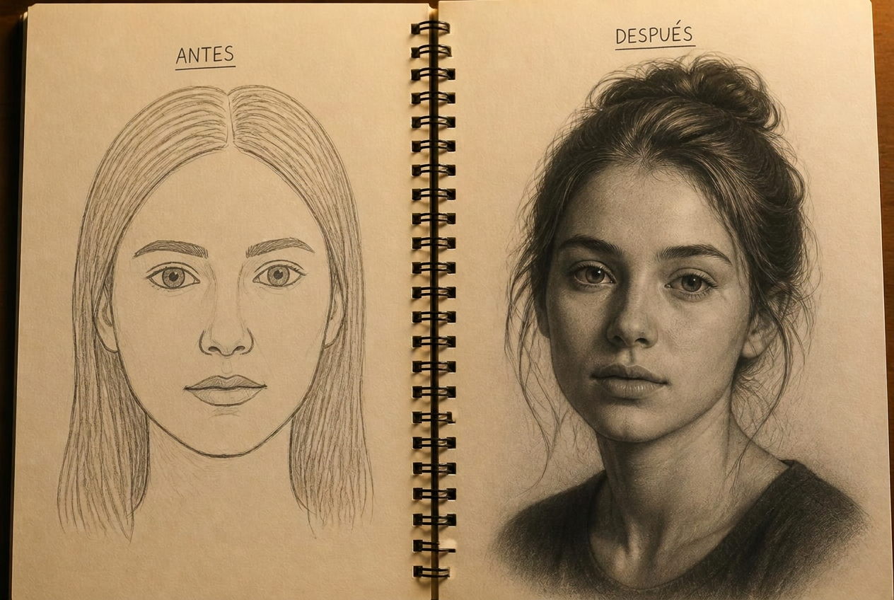 Comparación antes y después de un retrato a lápiz